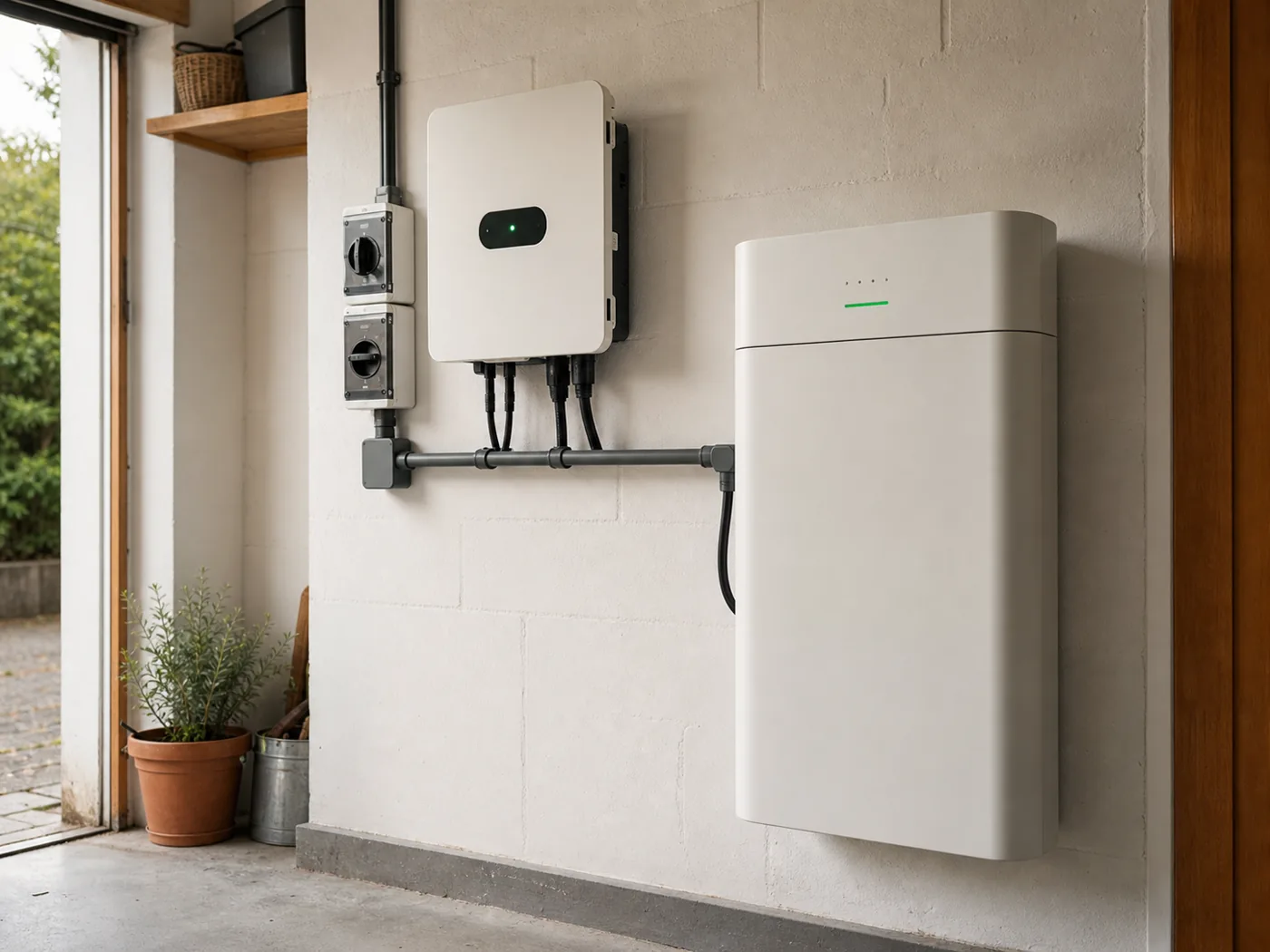 Wall-mounted home battery and inverter with tidy protected conduit
