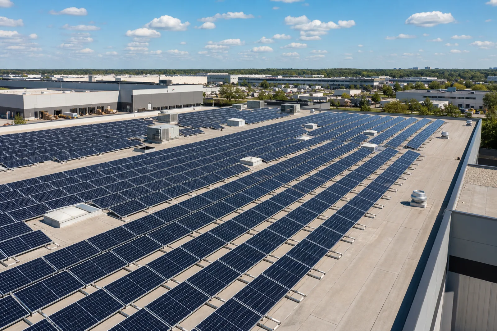 Rows of photovoltaic panels installed across a large commercial roof