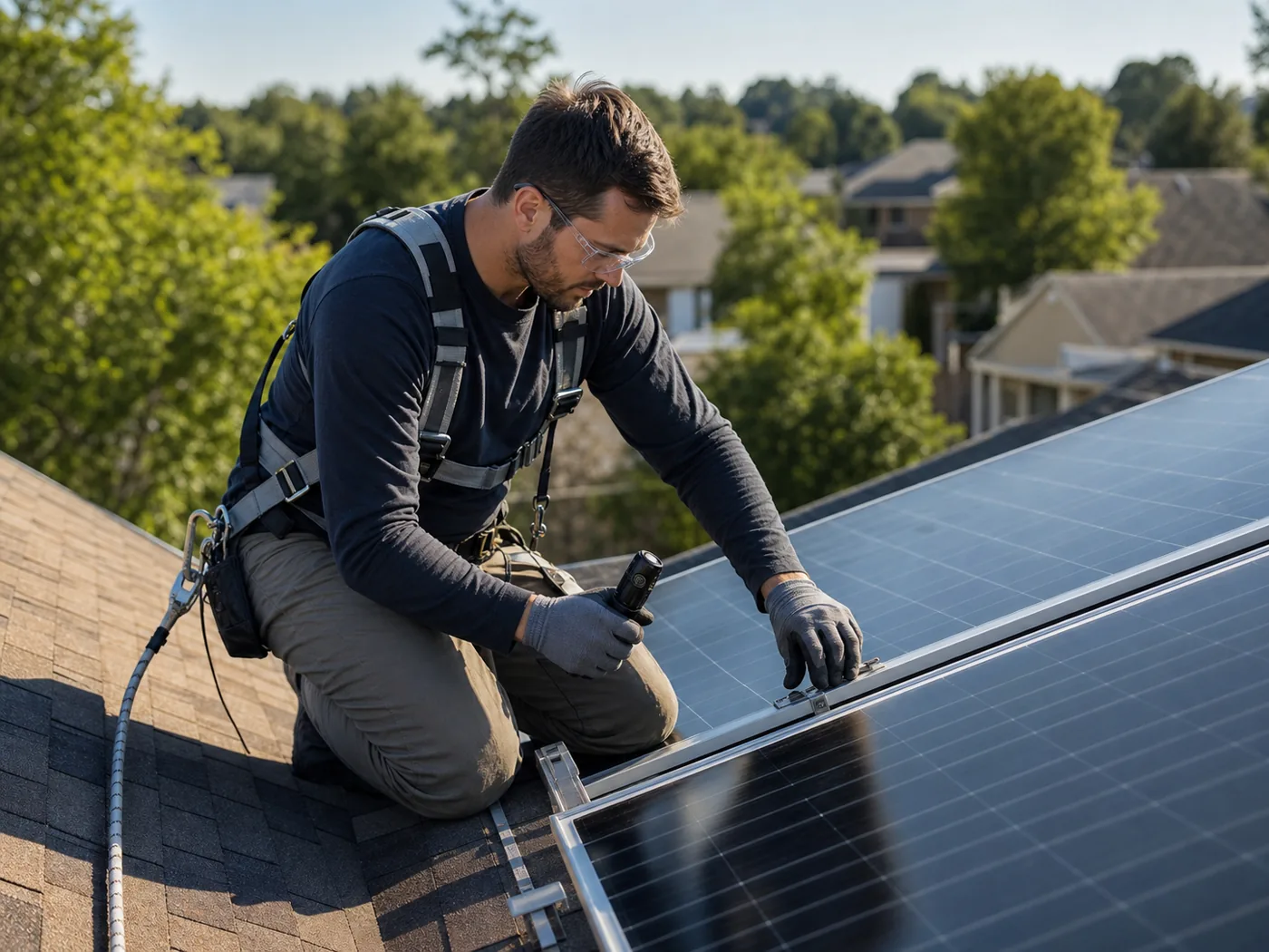 Solar technician using fall protection while inspecting a residential panel installation