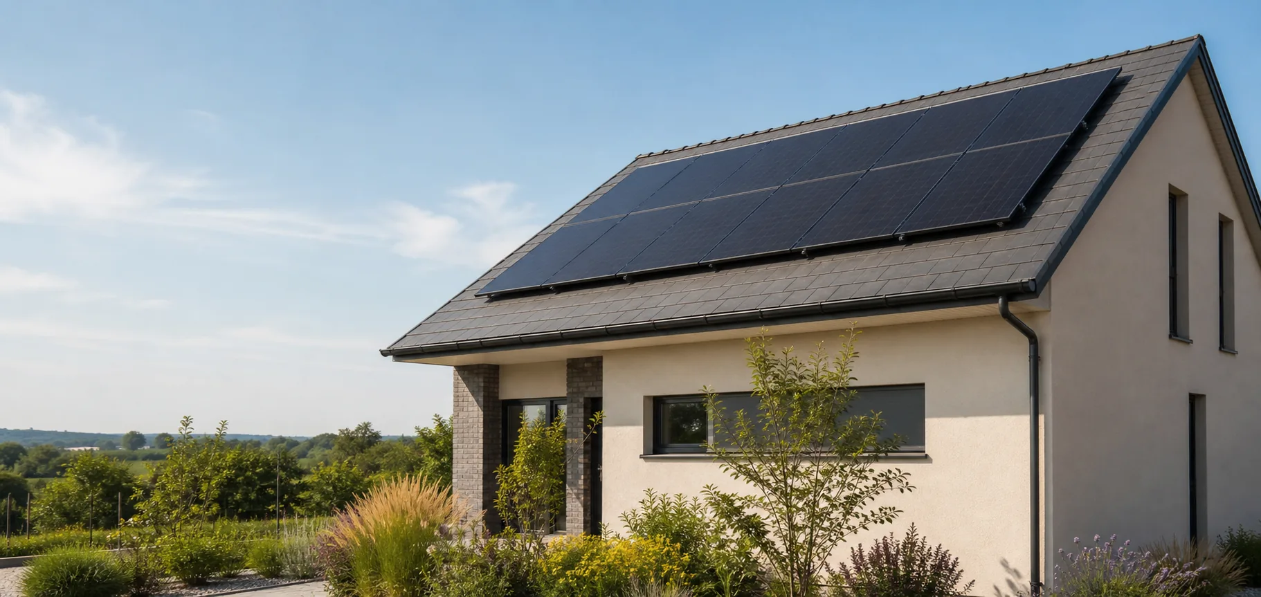 Photovoltaic panels installed across the pitched roof of a contemporary house